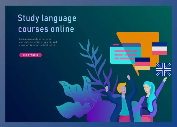 Modelli di pagina di destinazione per corsi di lingua online, istruzione a distanza, formazione. Interfaccia di apprendimento delle lingue e concetto di insegnamento . — Vettoriale Stock