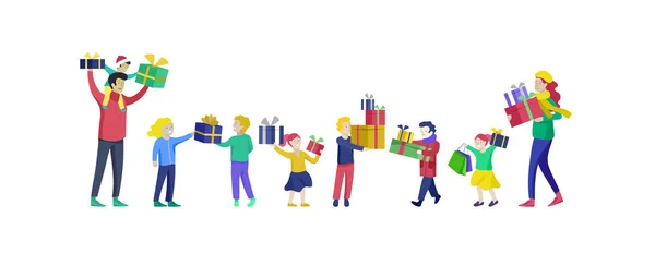 Feliz dia de Natal Celebrando juntos felizes. Grupo de pessoas dos desenhos animados em chapéus de Santa e crianças. Salta e atira presentes. Feliz Natal e Feliz Ano Novo família —  Vetores de Stock