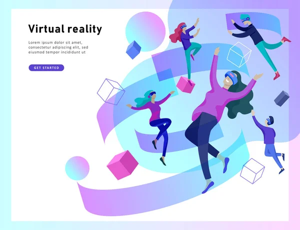 Conceito virtual de óculos de realidade aumentada com pessoas aprendendo e divertindo. Modelo de página de destino. —  Vetores de Stock
