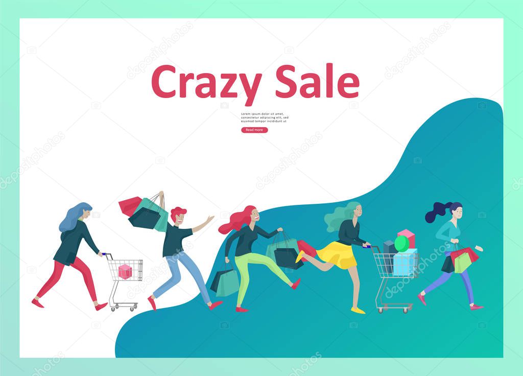 Landing page templates. People running for sale, crazy discounts, end of season, carrying shopping bags with purchases. Madness on seasonal sale at store shop. Cartoon