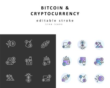 Vektör simgesi ve logosu bitcoin ve cryptocurrency. Düzenlenebilir anahattı kontur