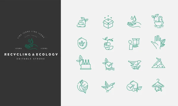 Vector icon and logo for environmental protection and recycling. Editable outline stroke size. Line flat contour, thin and linear design. Simple icons. Concept illustration. Sign, symbol, element.