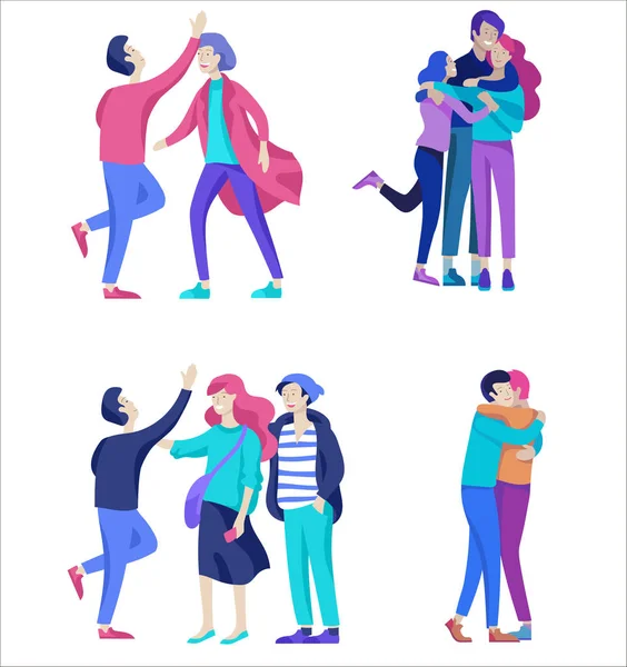 Vector people character. Friends and couple hugging, walking and spend time tygether — Stock Vector