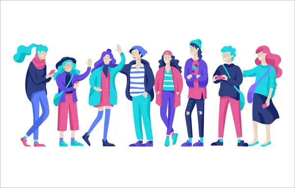 Vector people friends character. Group of teenagers in winter or autumn trendy clother — Stock Vector