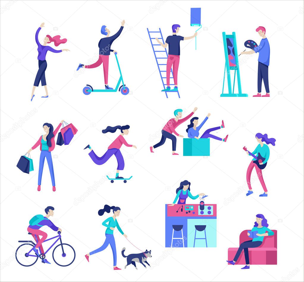 People enjoying their hobbies. Vector character. Colorful flat