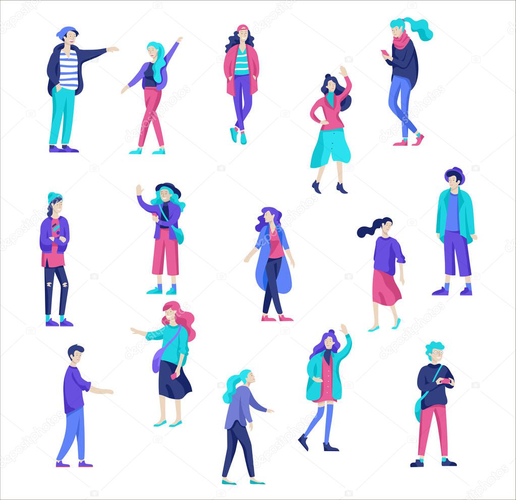 Vector people friends character. Group of teenagers in winter or autumn trendy clother