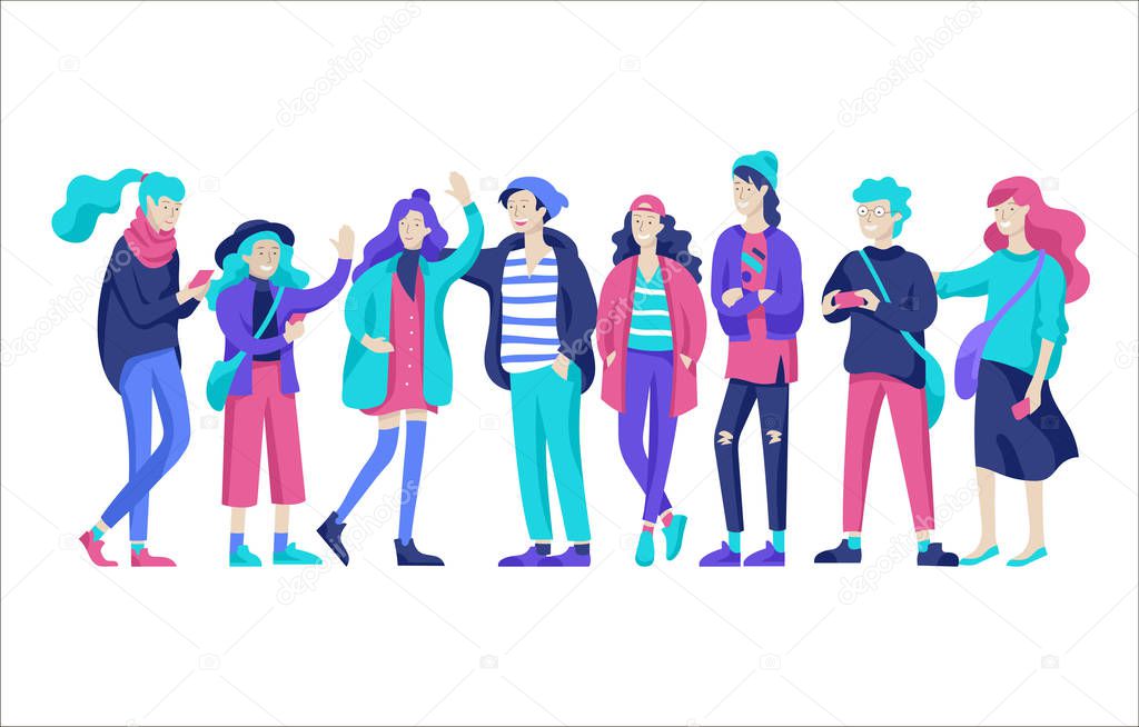 Vector people friends character. Group of teenagers in winter or autumn trendy clother