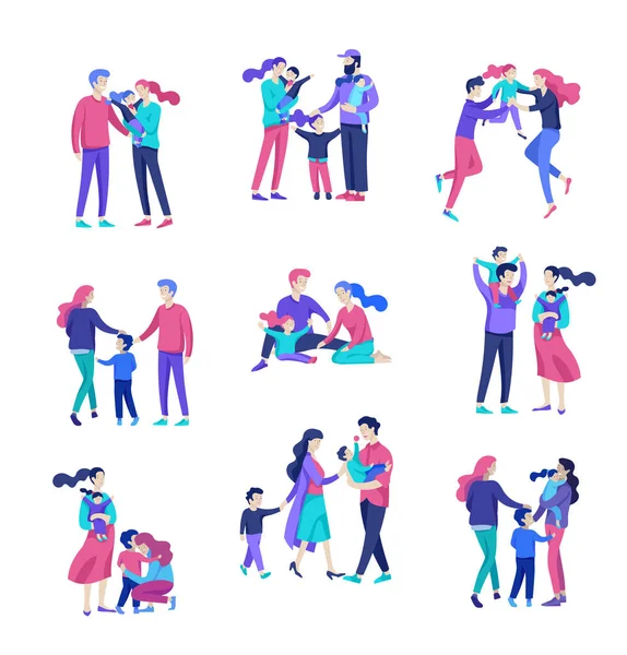 La familia pasa tiempo juntos, padres felices con hijos. Personaje de personas vectoriales — Vector de stock