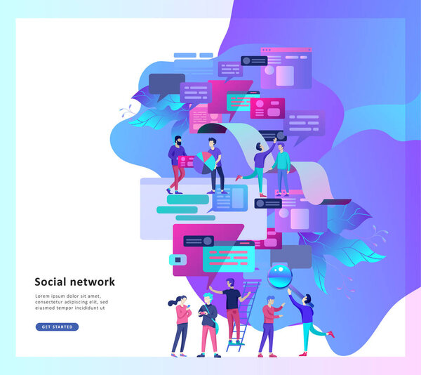 Концепция посадки шаблон страницы, плоский стиль, бизнесмены обсуждают социальные сети, новости, социальные сети
