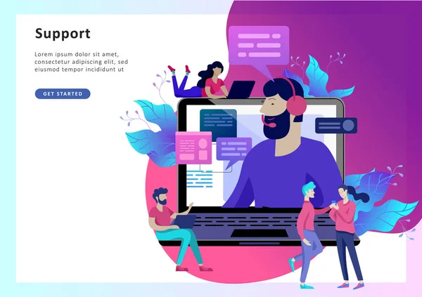 Concept Landing page template atendimento ao cliente, operador hotline masculino aconselha cliente — Vetor de Stock