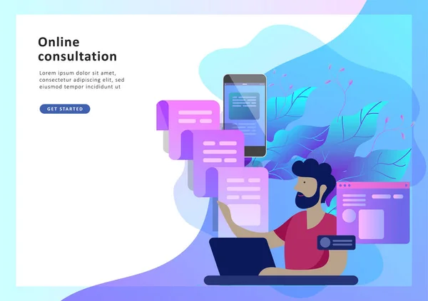 Concept Landing page template atendimento ao cliente, operador hotline masculino aconselha cliente —  Vetores de Stock