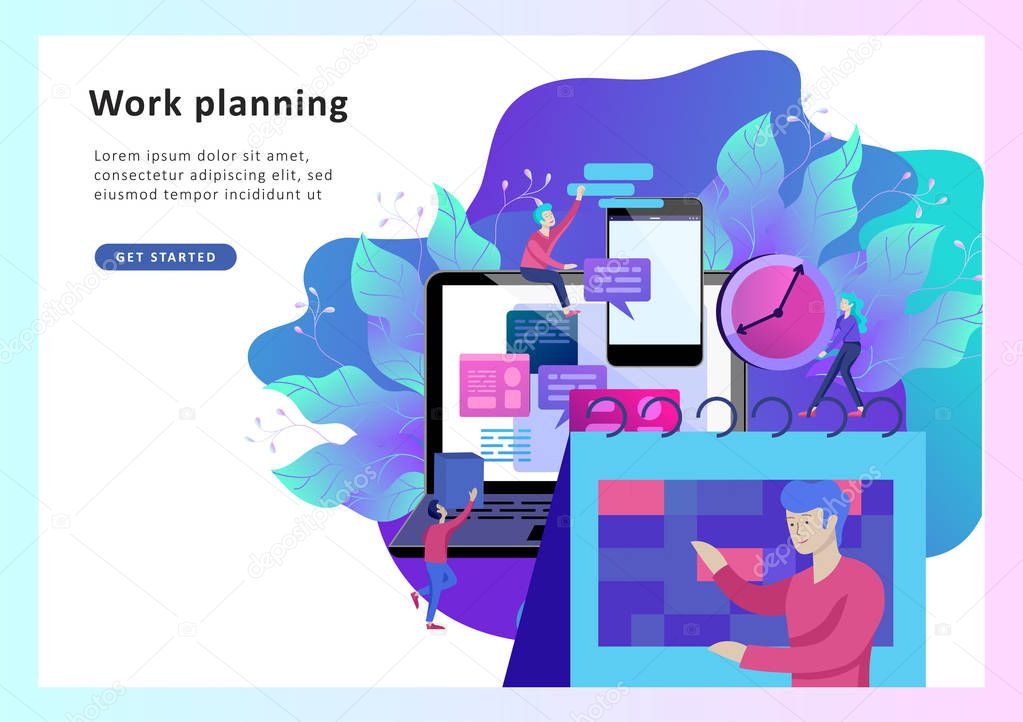 Landing page template of planning timework management people. Businnes Start Up Concept