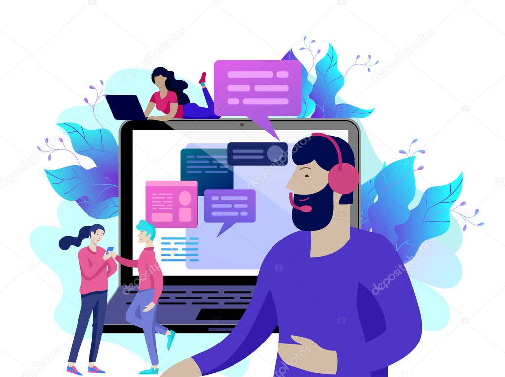 Concept Landing page template customer service, male hotline operator advises client