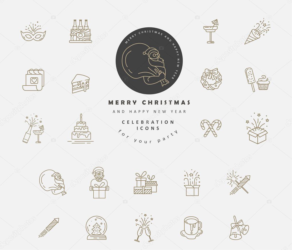 Vector icon and logo celebration Merry Christmas and Happy New Year . Editable outline stroke size. Line flat contour, thin and linear design. Simple icons. Concept illustration. Sign, symbol, element