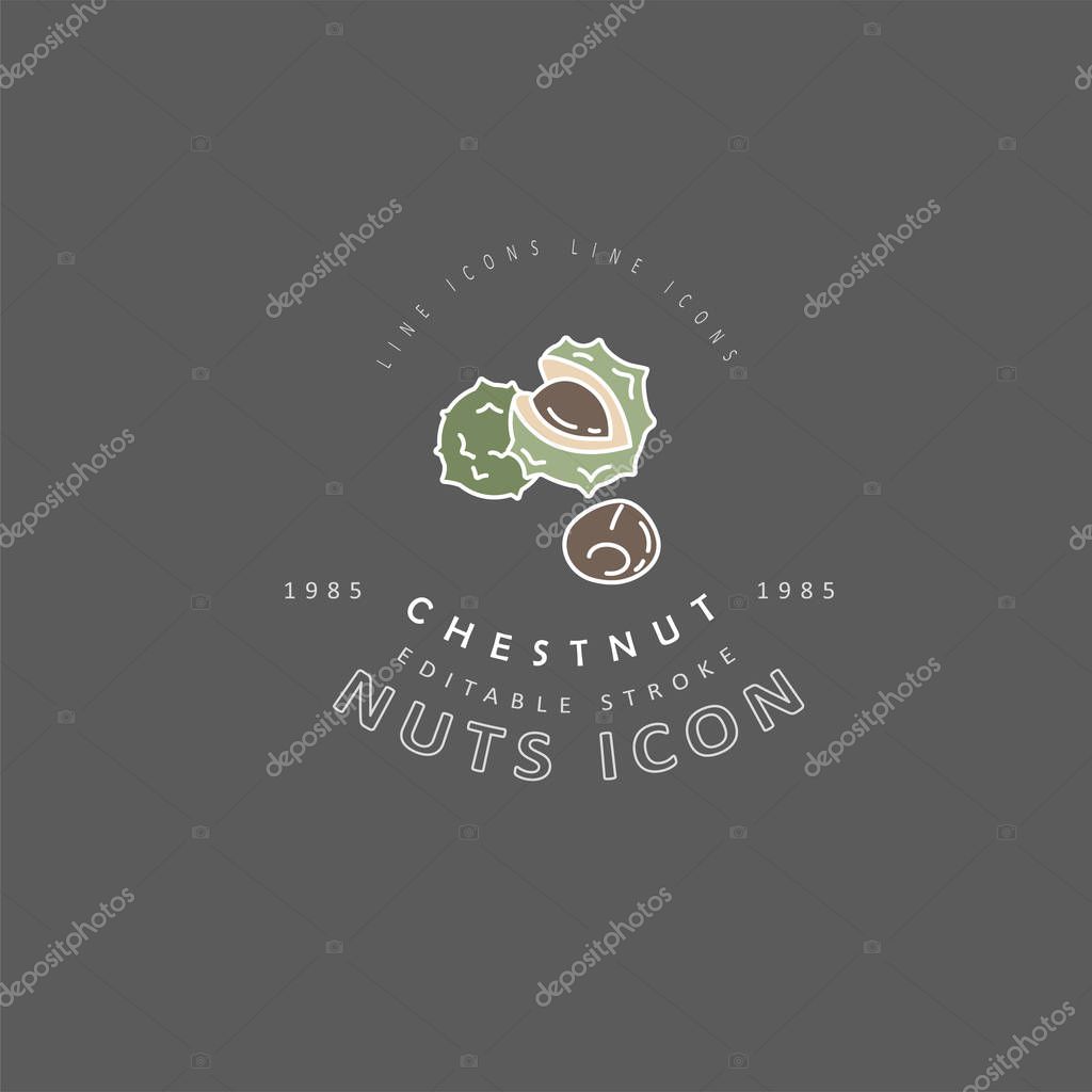 Vector icon and logo for nuts and seeds. Editable outline stroke size. Line flat contour, thin and linear design. Simple icons. Concept illustration. Sign, symbol, element.