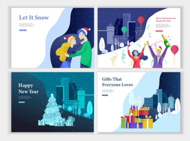 Sayfa şablonu veya tebrik kartı açılış kümesi. Arkadaş veya iş arkadaşlarınızla kutluyor mutlu Noeller, mutlu yeni yıl Kurumsal partisi. Karakter romantik çift aşık