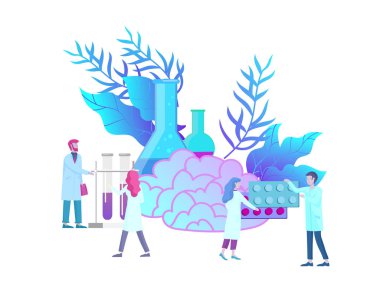 Nöroloji genetik kavramı. Düz stil küçük insanlar doktorların tıbbi takım çalışma, Dna oluşturmak yoluyla, Deoksiribonükleik asit araştırma. Beyin, yaratıcı zihin