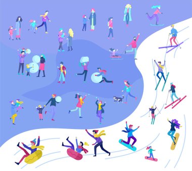 İnsanlar kış giysileri veya açık hava etkinlikleri eğlenceli gerçekleştirme dış giyim giyinmiş. Kar Festivali, halletme ve snowboard. Buz pateni, Kayak kardan adam yapma Noel aile Kayak