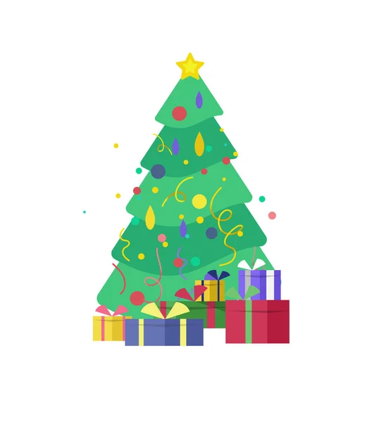 Modelo cartão de saudação inverno Férias. Feliz Natal e Feliz Ano Novo Site com árvore de Natal e presente — Vetor de Stock
