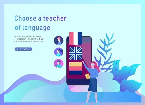 Plantillas de landing page para cursos de idiomas en línea, educación a distancia, formación. Interfaz de aprendizaje de idiomas y concepto de enseñanza . — Vector de stock