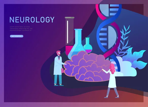 Neurologie koncepce genetiky. Bytu ve stylu lidiček lékaři lékařské týmové práce, výstavbu Dna, zkoumá deoxyribonukleové kyseliny. Mozek, kreativní myšlení — Stockový vektor