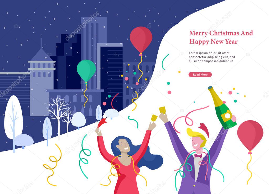 Landing page template or card winter Holidays corporate Party. Merry Christmas and Happy New Year Website with People Characters. Company of young friends or colleagues celebrates