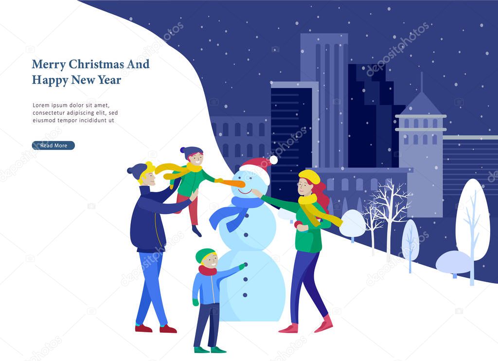 Landing page template greeting card winter Holidays. Merry Christmas and Happy New Year Website. People Characters family makes family snowman in park on snowy landscape
