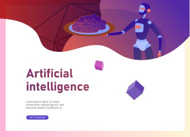 Yapay Zeka ve Siber Pazartesi kavramı, fütüristik siber punk tasarımı, cyborglar sürrealistik proje üzerinde çalışıyorlar, web sitesi ve mobil web sitesi için modern nano teknoloji. İniş sayfası şablonu