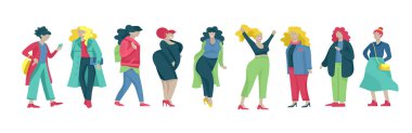 Ayrıca beden kadınlar şık kılığına girmiş. Küme curvy kız trendy kıyafetler giyiyor. Mutlu karakter. Bodypositive konsept illüstrasyon