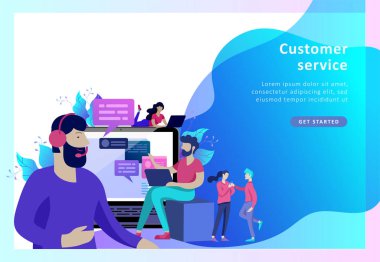 Concept Landing page template customer service, male hotline operator advises client, online global technical support, customer and operator clipart