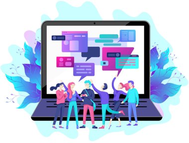 Açılış sayfası şablonu, düz stil, işadamları kavramı tartışmak sosyal ağ, Haberler, sosyal ağlar