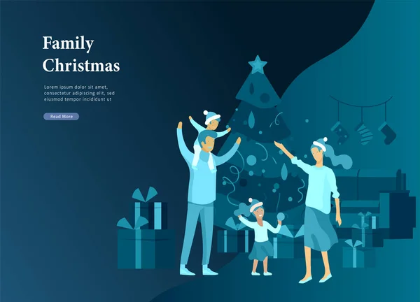 Modelo de página de destino cartão de saudação inverno Férias. Feliz Natal e Feliz Ano Novo Site. Pessoas Personagens família com presente decoração árvore de Natal no fundo do interior —  Vetores de Stock