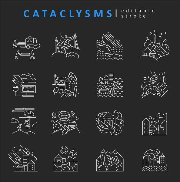 Катаклизмы и стихийные бедствия. Векторный значок и логотип. Редактируемый размер контура. Линия плоского контура, тонкий и элегантный дизайн. Простые иконки. Концепция иллюстрации. Знак, символ, элемент.