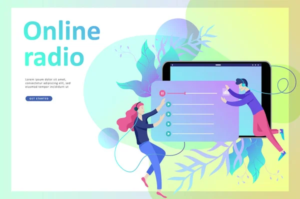 Pojęcie internet radio online streaming, słuchanie muzyki, ludzie zrelaksować się słuchać taniec. Aplikacje muzyka, online utworów z listy odtwarzania, stacji radiowej. — Wektor stockowy