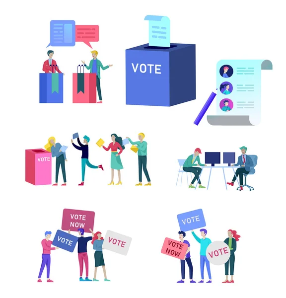 Hlasování a volby koncepce. Předvolební kampaň. Propagace a reklama kandidáta. — Stockový vektor