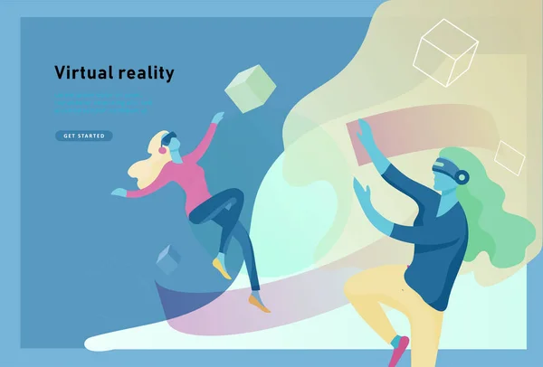 Conceito virtual de óculos de realidade aumentada com pessoas aprendendo e divertindo. Modelo de página de destino. — Vetor de Stock