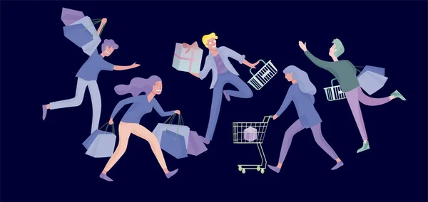 Homens e mulheres que participam na venda sazonal na loja, loja, shopping. Desenhos animados conceito de personagens para sexta-feira negra . —  Vetores de Stock