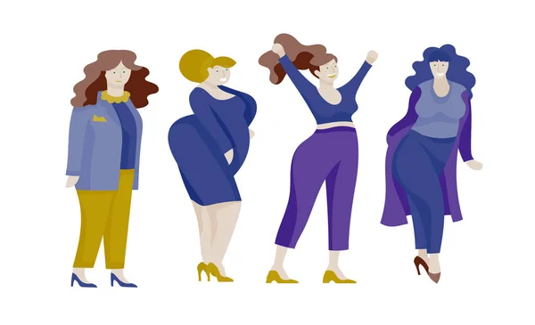 Plus les femmes de taille habillées dans des vêtements élégants. Ensemble de filles courbes portant des vêtements à la mode. Des personnages heureux. Illustration du concept corporel positif — Image vectorielle