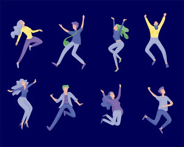 Jumping character in various poses. Group of young joyful laughing people jumping with raised hands. Happy positive young men and women — Stock Vector