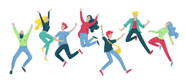 Прыгающий персонаж в различных позах. Группа молодых веселых смеющихся людей, прыгающих с поднятыми руками. Счастливые позитивные молодые мужчины и женщины

