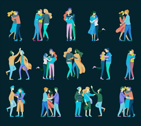 Personaje de gente vectorial. Amigos y pareja abrazándose, caminando y pasando tiempo tygether — Vector de stock