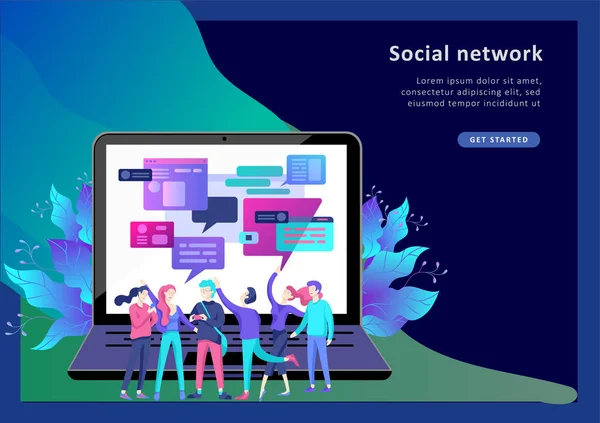 Concept Landing page template, flat style, empresários discutir rede social, notícias, redes sociais — Vetor de Stock