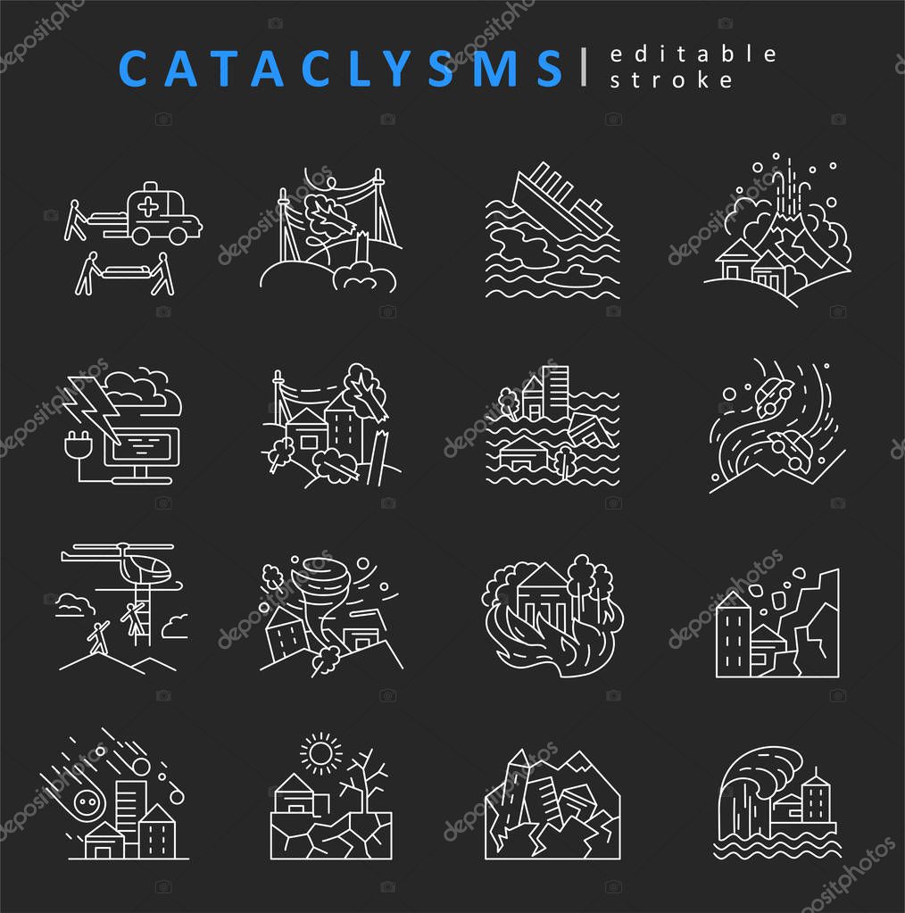 Cataclysms and natural disasters. Vector icon and logo. Editable outline stroke size. Line flat contour, thin and linear design. Simple icons. Concept illustration. Sign, symbol, element.
