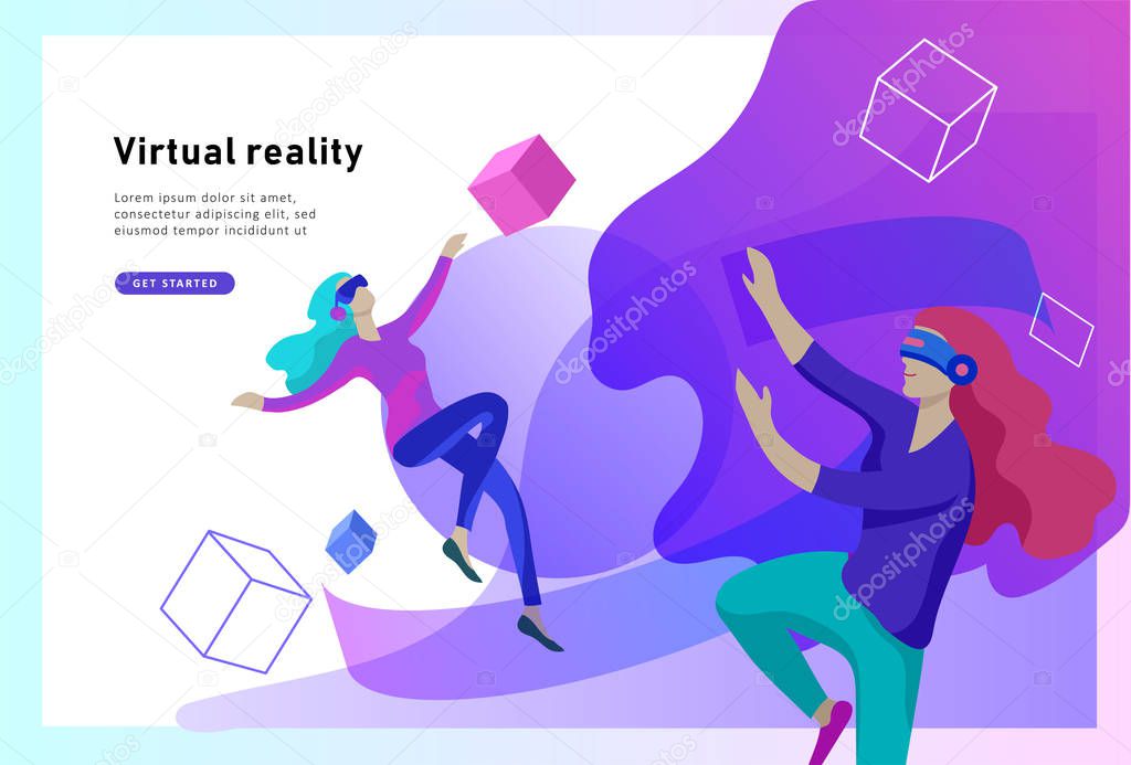 Virtual augmented reality glasses concept with people learning and entertaining. Landing page template.