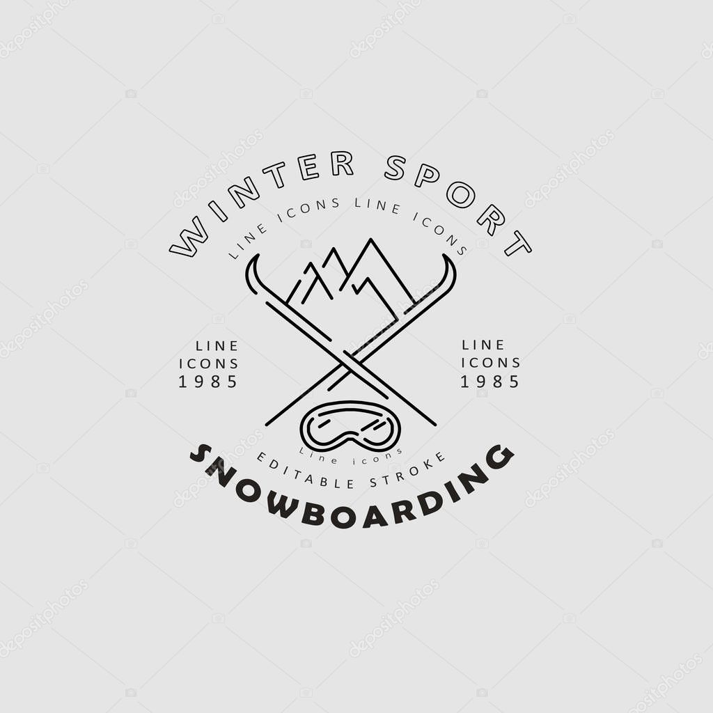 Vector icon and logo for snowboarding and skiing or other winter sports. Editable outline stroke size. Line flat contour, thin and linear design. Simple icons. Concept illustration. Sign, symbol