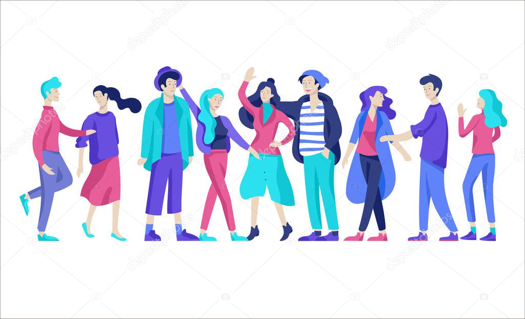 Vector people friends character. Group of teenagers in winter or autumn trendy clother