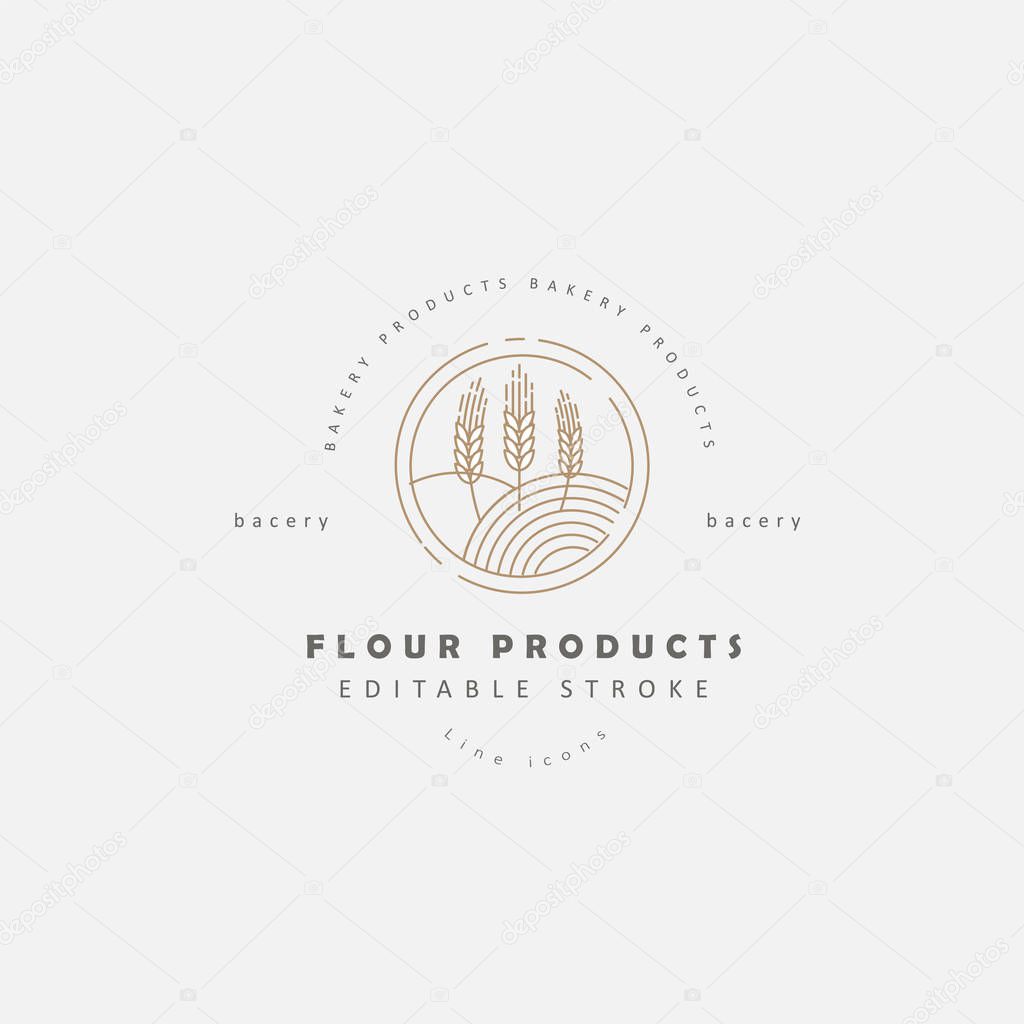 Vector icon and logo for natural flour product and bacery. Editable outline stroke size. Line flat contour, thin and linear design. Simple icons. Concept illustration. Sign, symbol, element.