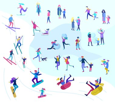 İnsanlar kış giysileri veya açık hava etkinlikleri eğlenceli gerçekleştirme dış giyim giyinmiş. Kar Festivali, halletme ve snowboard. Buz pateni, Kayak kardan adam yapma Noel aile Kayak