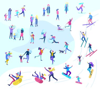 İnsanlar kış giysileri veya açık hava etkinlikleri eğlenceli gerçekleştirme dış giyim giyinmiş. Kar Festivali, halletme ve snowboard. Buz pateni, Kayak kardan adam yapma Noel aile Kayak