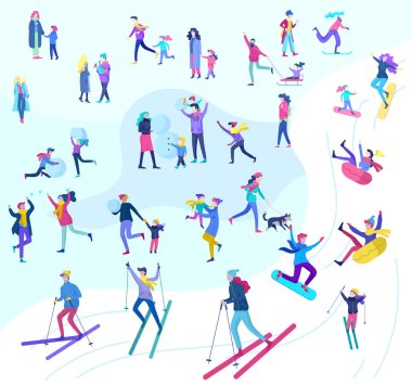 İnsanlar kış giysileri veya açık hava etkinlikleri eğlenceli gerçekleştirme dış giyim giyinmiş. Kar Festivali, halletme ve snowboard. Buz pateni, Kayak kardan adam yapma Noel aile Kayak